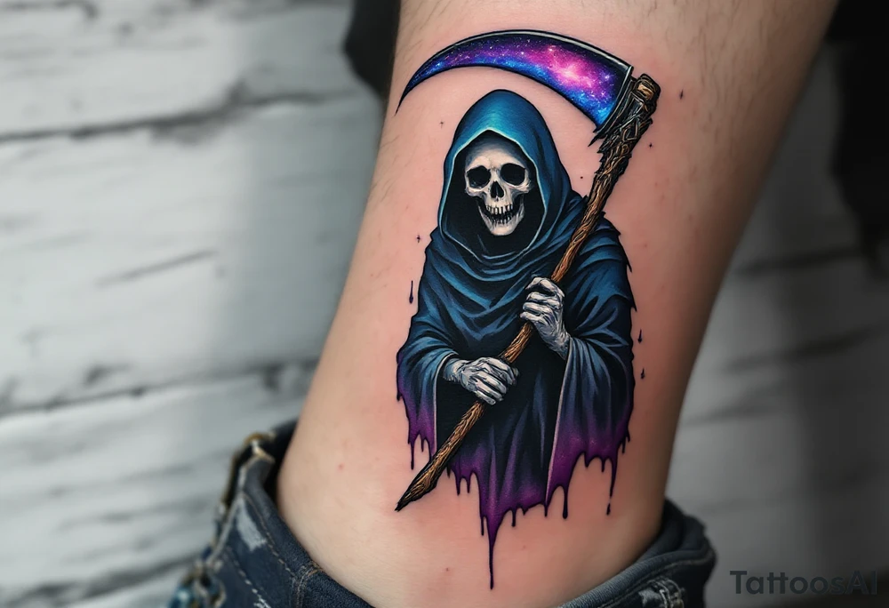 A cosmic-themed Grim Reaper holding a scythe with a galaxy blade in deep purples and blues. tattoo idea
