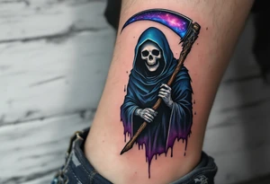 A cosmic-themed Grim Reaper holding a scythe with a galaxy blade in deep purples and blues. tattoo idea