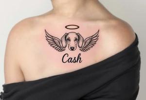 Dachshund ears between wings with a halo above and the name Cash tattoo idea