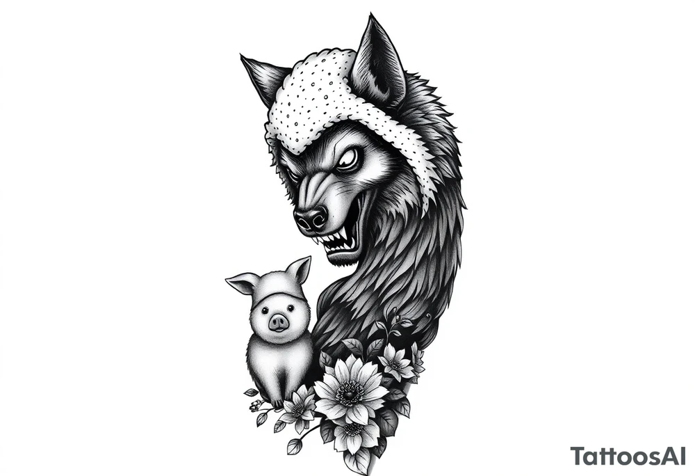 Big bad wolf nursery rhyme wearing a sheep costume with sheep head as hood and eat the three little pigs and little red riding hood in the woods tattoo idea