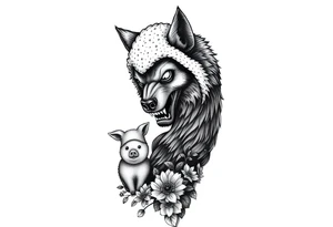 Big bad wolf nursery rhyme wearing a sheep costume with sheep head as hood and eat the three little pigs and little red riding hood in the woods tattoo idea