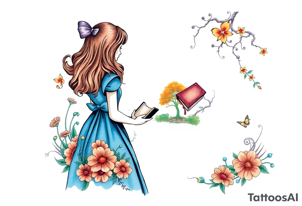 Alice (from Alice in wonderland) silhouette wearing a blue dress. Perspective from the back. She is caring a book, entering a garden with flowers and an orange tree tattoo idea