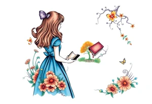 Alice (from Alice in wonderland) silhouette wearing a blue dress. Perspective from the back. She is caring a book, entering a garden with flowers and an orange tree tattoo idea