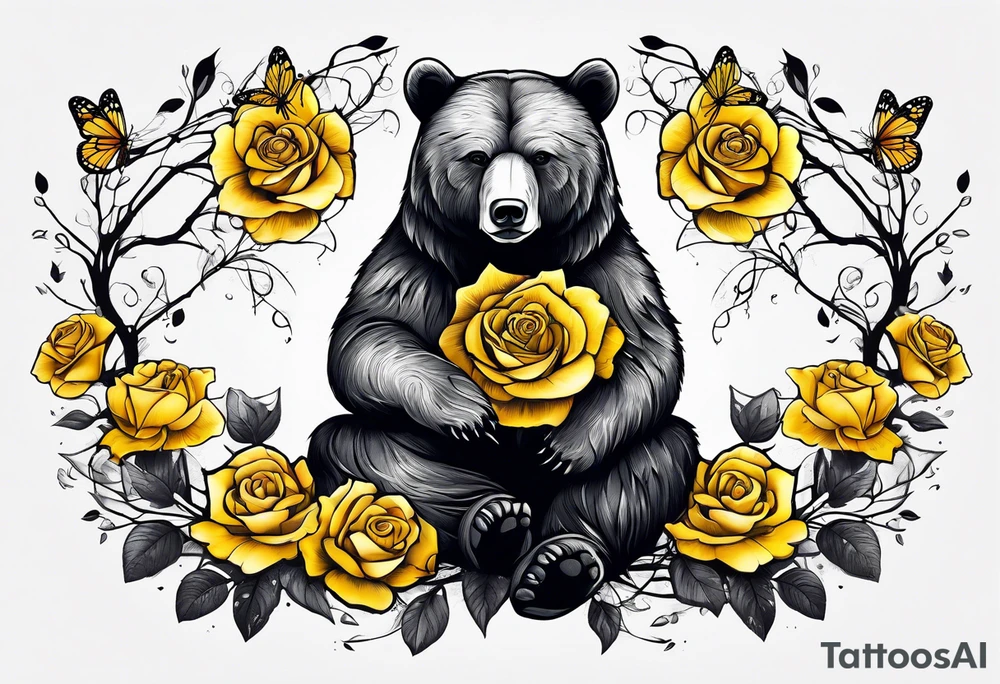 A bear sitting under the tree of life with three yellow roses, and three butterflies tattoo idea