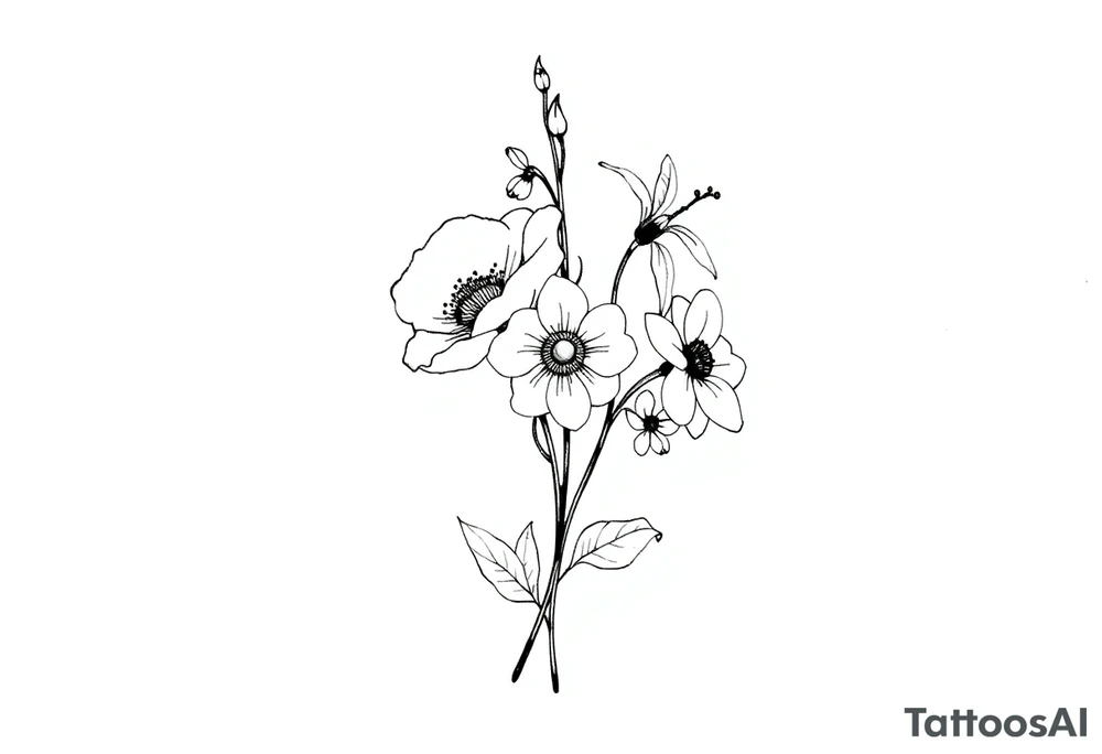 very simple Black and white tattoo with a bouquet from one stem featuring poppy flower, lily of the valley, daffodil, water lily, daisy, with less lines and detail tattoo idea