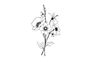 very simple Black and white tattoo with a bouquet from one stem featuring poppy flower, lily of the valley, daffodil, water lily, daisy, with less lines and detail tattoo idea