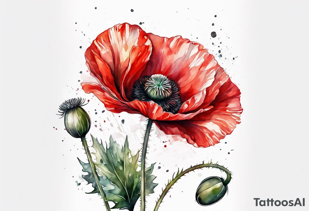 One Red poppy flower with long stem tattoo idea