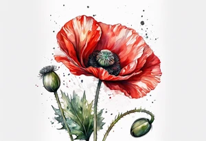 One Red poppy flower with long stem tattoo idea