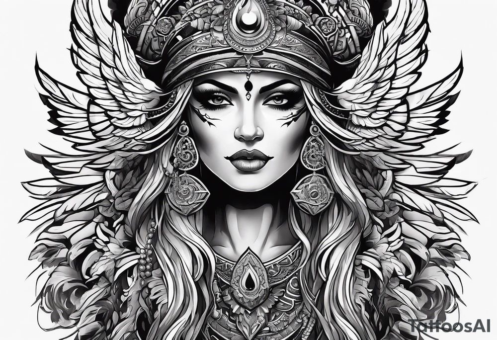 kali, goddess pirate, pachamama, warrior, skull, lotus, wing, eagle, zenza resonance tattoo idea