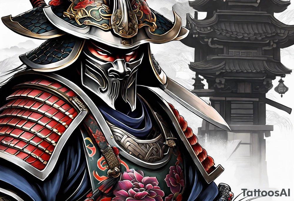 Samurai full armor facing sideways full sleeves tattoo idea