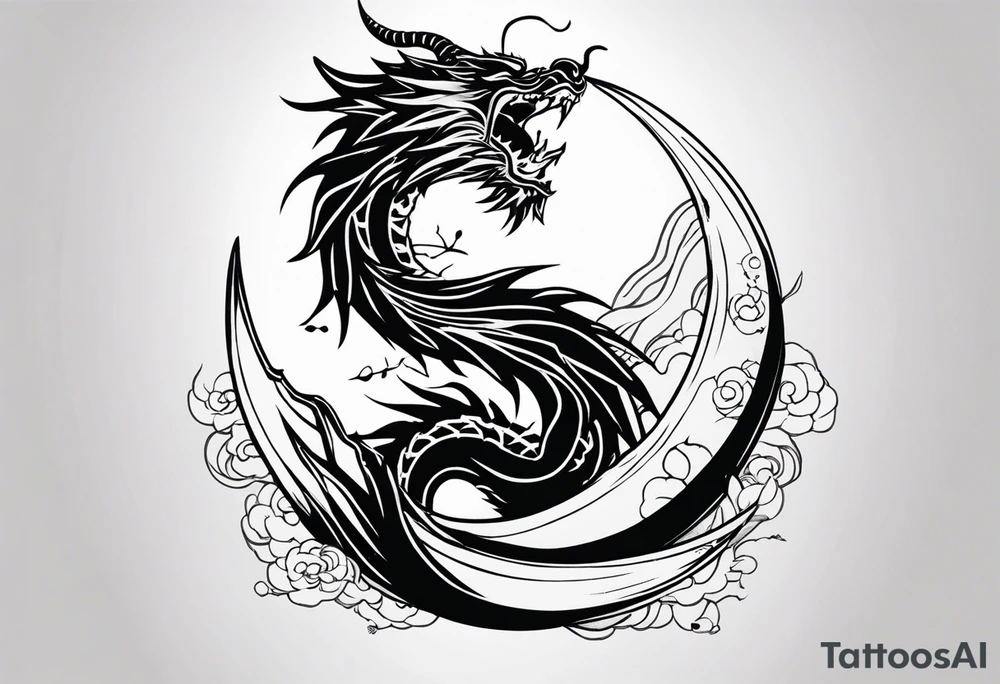 Japanese Dragon with a katana sword and the moon tattoo idea