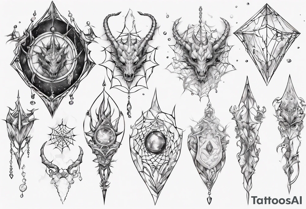 Dragon spiral spiderweb shattered chalices jewels and unicorn horn tattoo idea