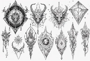 Dragon spiral spiderweb shattered chalices jewels and unicorn horn tattoo idea