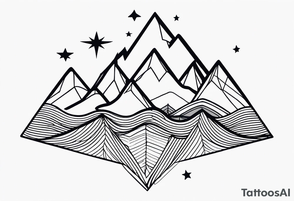 Mountain Massif, one Peak, only peak surrounded woth semi circle dashed Line, in semi circle two littel fine Stars, waves overlapping in Side, Open geometrical Forms Like Diamond with Open lines tattoo idea