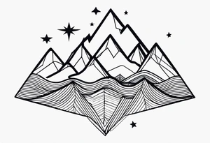 Mountain Massif, one Peak, only peak surrounded woth semi circle dashed Line, in semi circle two littel fine Stars, waves overlapping in Side, Open geometrical Forms Like Diamond with Open lines tattoo idea