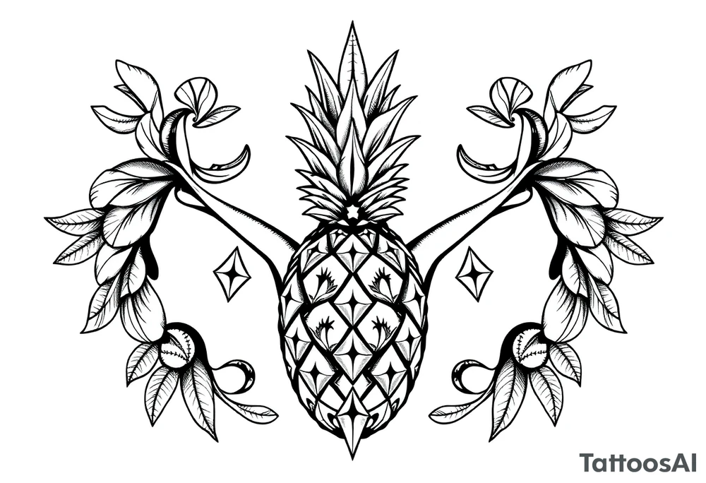 Design around a vagina and anus using a pineapple with diamonds and magestic, crown, vagina, anus, pubic tattoo idea