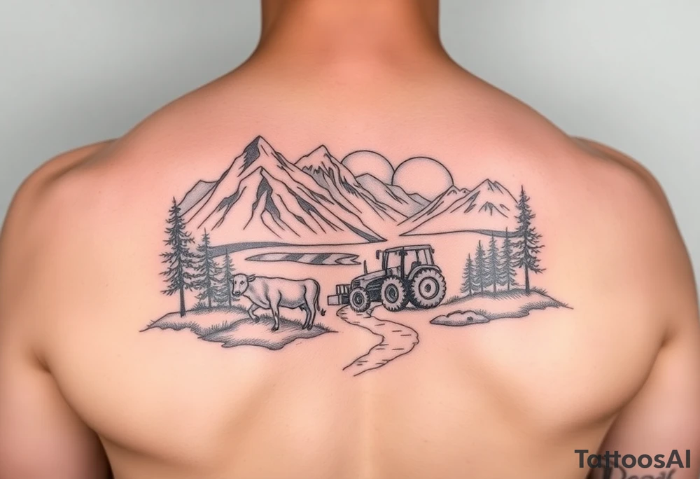 mountian, river, vantage tractor, cow, sunset tattoo idea