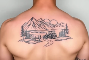 mountian, river, vantage tractor, cow, sunset tattoo idea