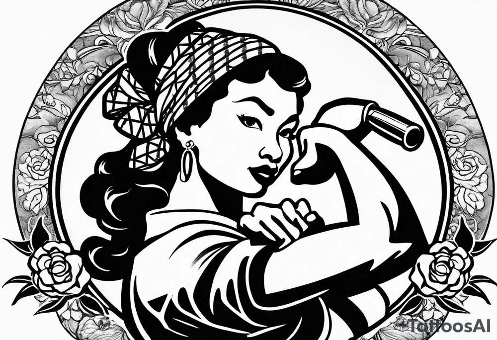 Beautiful black Rosie the riveter, making a muscle, realistic, wearing a bandanna, tied backwards, tattoo idea