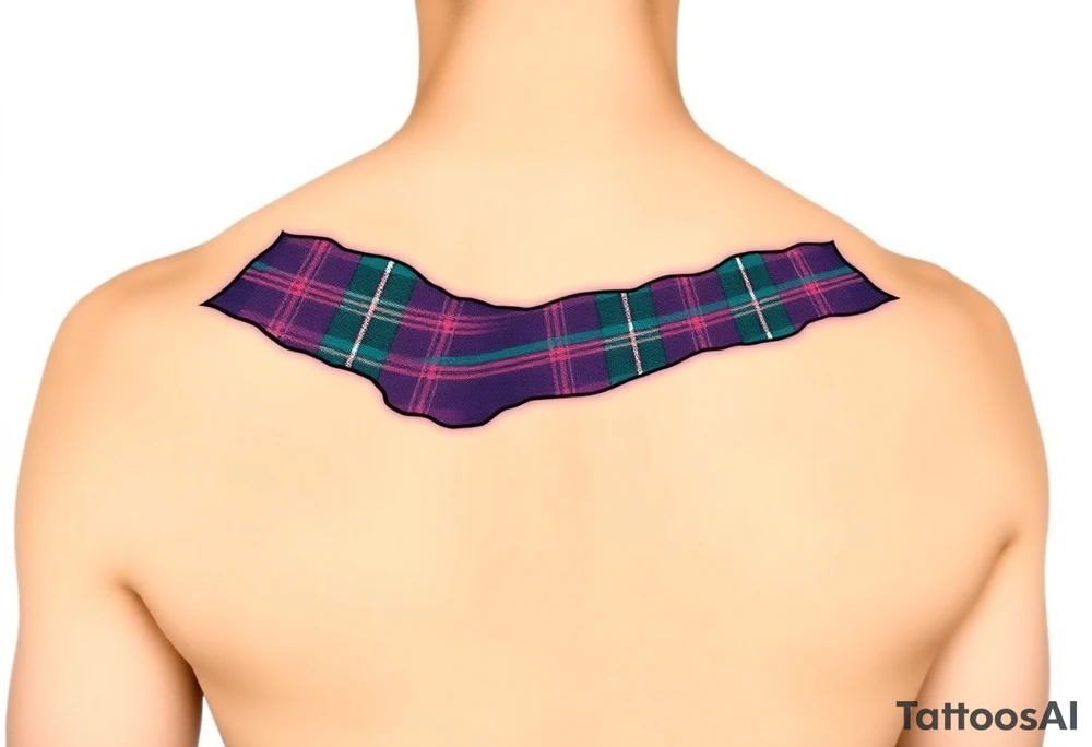 arm Dark Purple with green pink blue and white highlights tartan fabric with flesh peeling away at edges tattoo idea