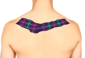 arm Dark Purple with green pink blue and white highlights tartan fabric with flesh peeling away at edges tattoo idea