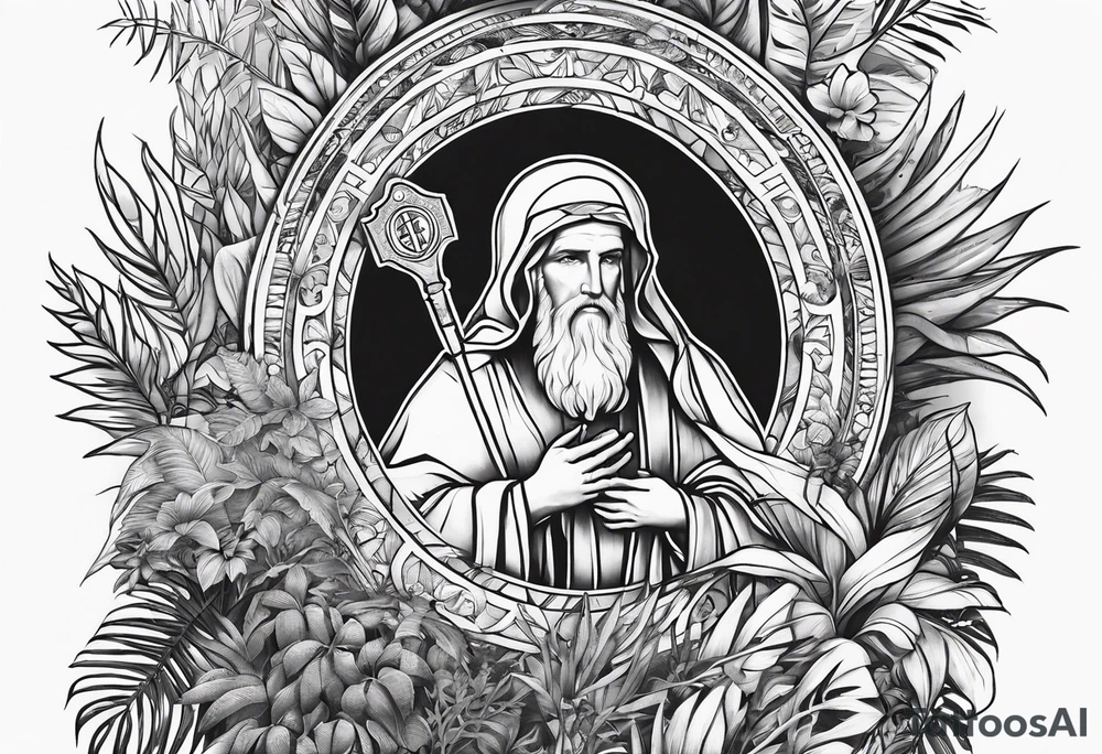 full arm sleeve tattoo with St. Benedict Medal surrounded by jungle plants tattoo idea