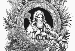 full arm sleeve tattoo with St. Benedict Medal surrounded by jungle plants tattoo idea