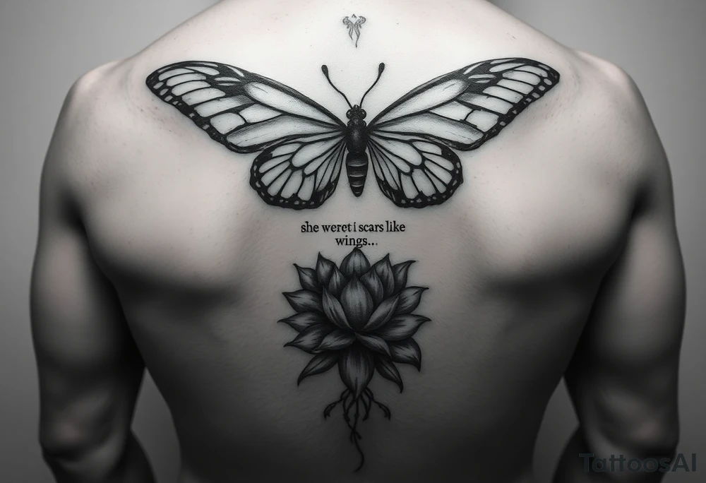 butterfly with cracked wings and lotus flower with quote that says “she wore her scars like wings” all down spine but very elegant towards lower back and small tattoo idea