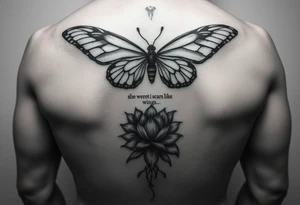butterfly with cracked wings and lotus flower with quote that says “she wore her scars like wings” all down spine but very elegant towards lower back and small tattoo idea