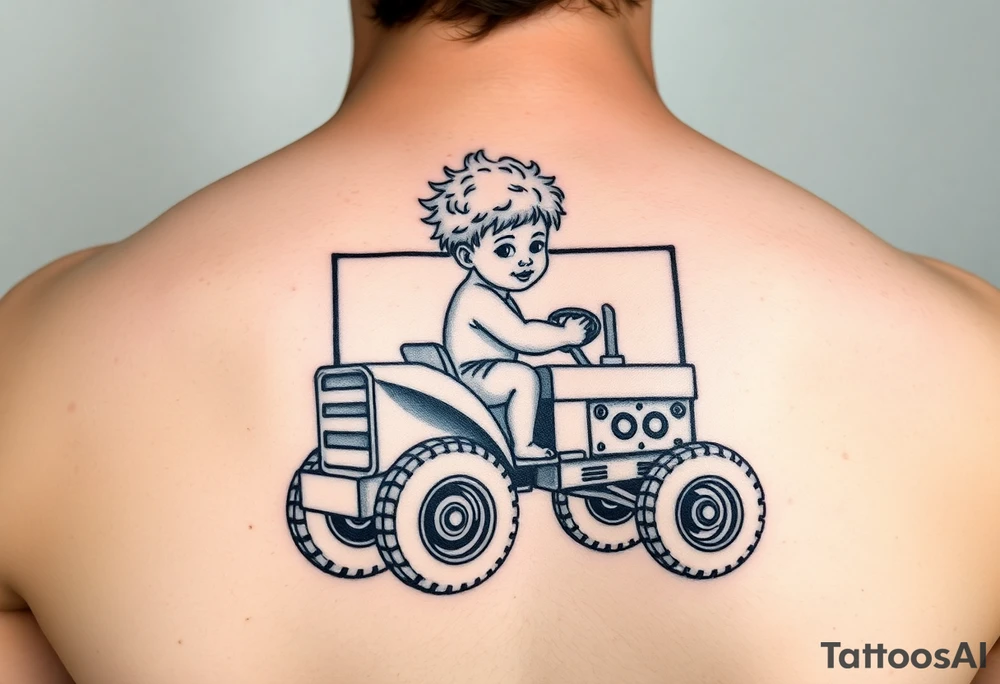 Realistic minimalist curly headed toddler son riding a toy tractor with a geometric frame tattoo idea