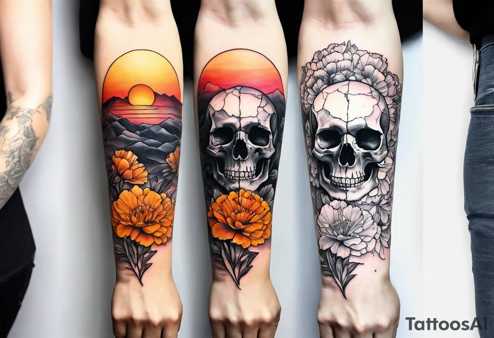 Left forearm tattoo of sunset and carnations on the outside of the forearm and on the inside there will be marigolds and a small skull tattoo idea