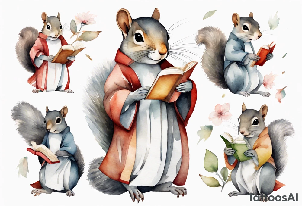 a grey squirrel dressed in a tunic holding a large book tattoo idea