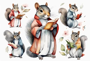 a grey squirrel dressed in a tunic holding a large book tattoo idea