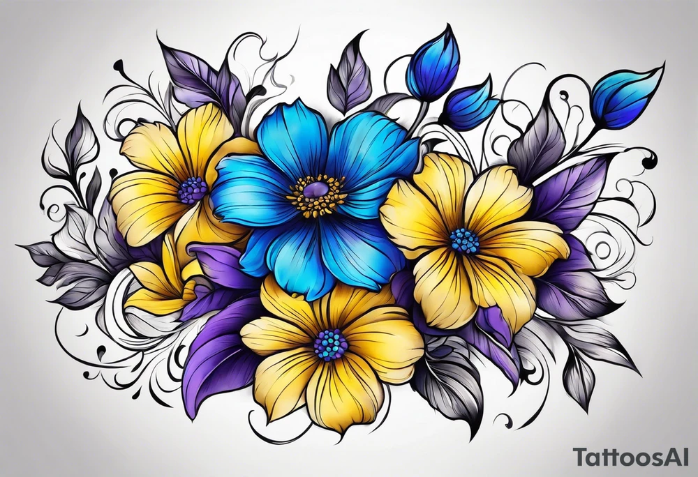 Blue yellow and purple flowers arm sleeve tattoo idea