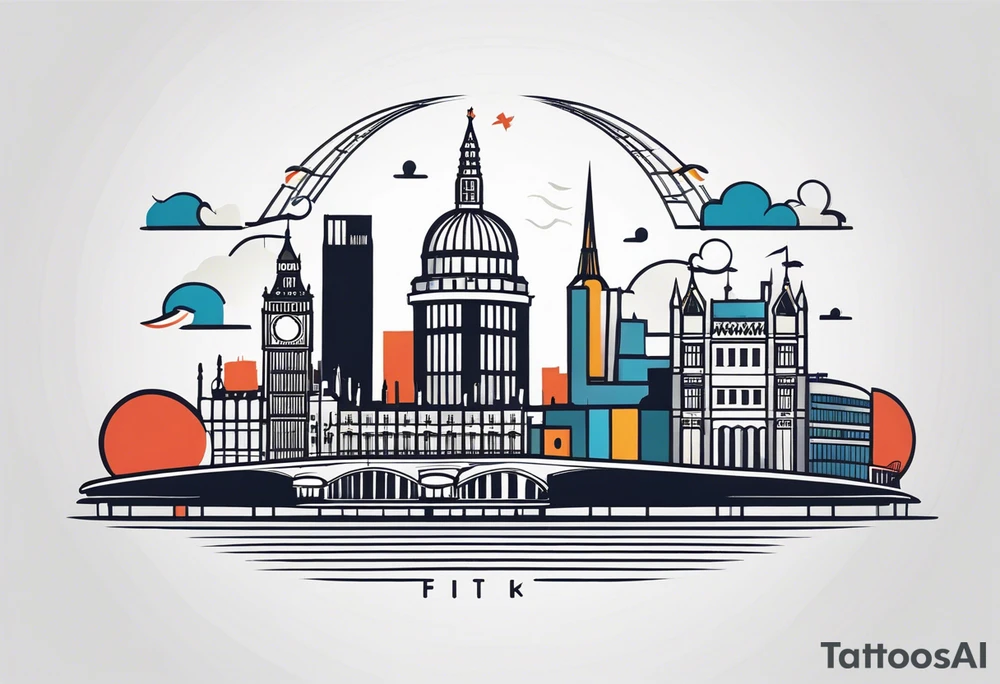 A minimalistic, abstract design capturing the architectural essence and vibe of London. Key elements of London’s skyline and structure are hinted at with clean lines, and subtle detailing includes personal touches, like a nod to Feid’s signature look (hat, glasses, mustache), integrated discreetly to honor a memorable concert experience. The tattoo combines the city’s character with personal symbolism. tattoo idea