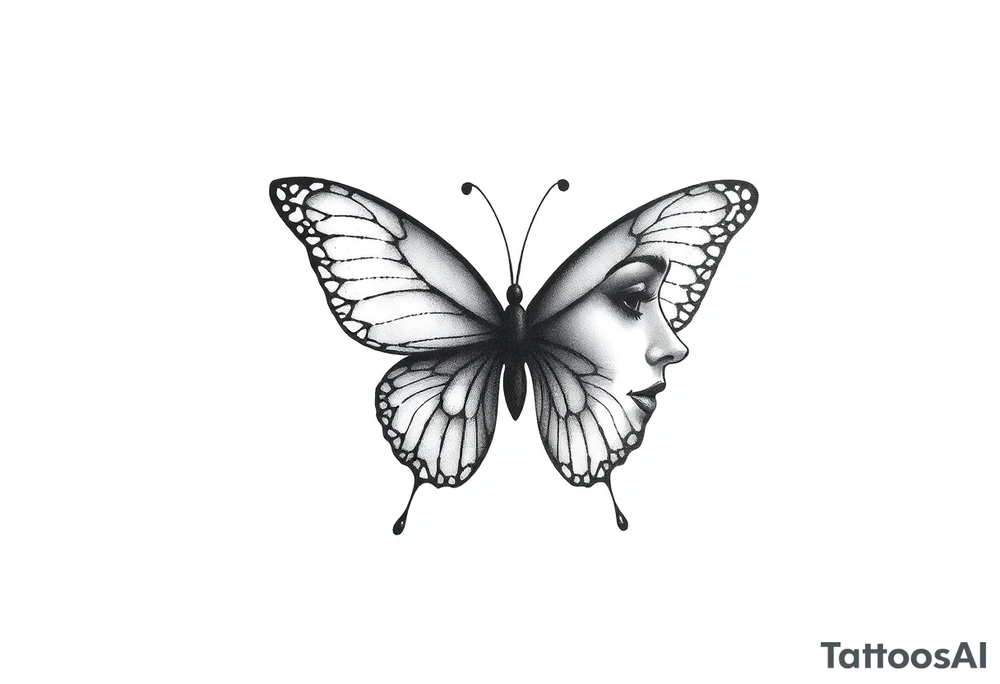 a butterfly half side with womans face tattoo idea