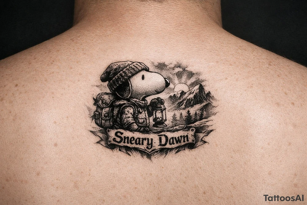 Snoopy with saying Sneary Dawn tattoo idea