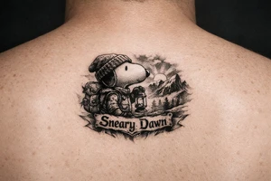 Snoopy with saying Sneary Dawn tattoo idea