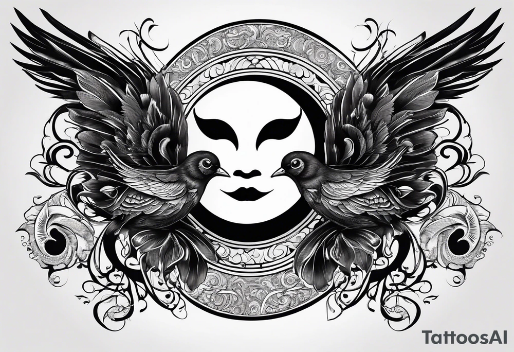 Semicolon ying-yang with theater masks and two birds tattoo idea