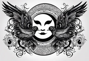 Semicolon ying-yang with theater masks and two birds tattoo idea