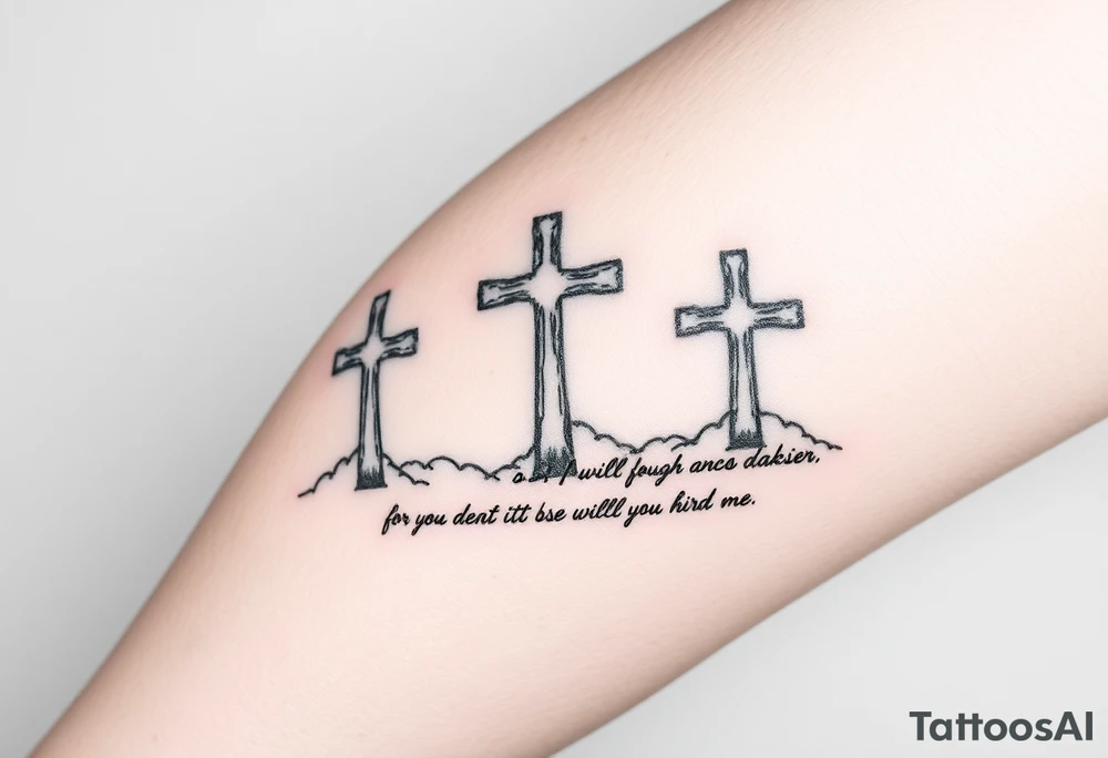 3 large crosses, clouds, even though I walk through the darkest valley, I will fear no evil, for you are with me tattoo idea