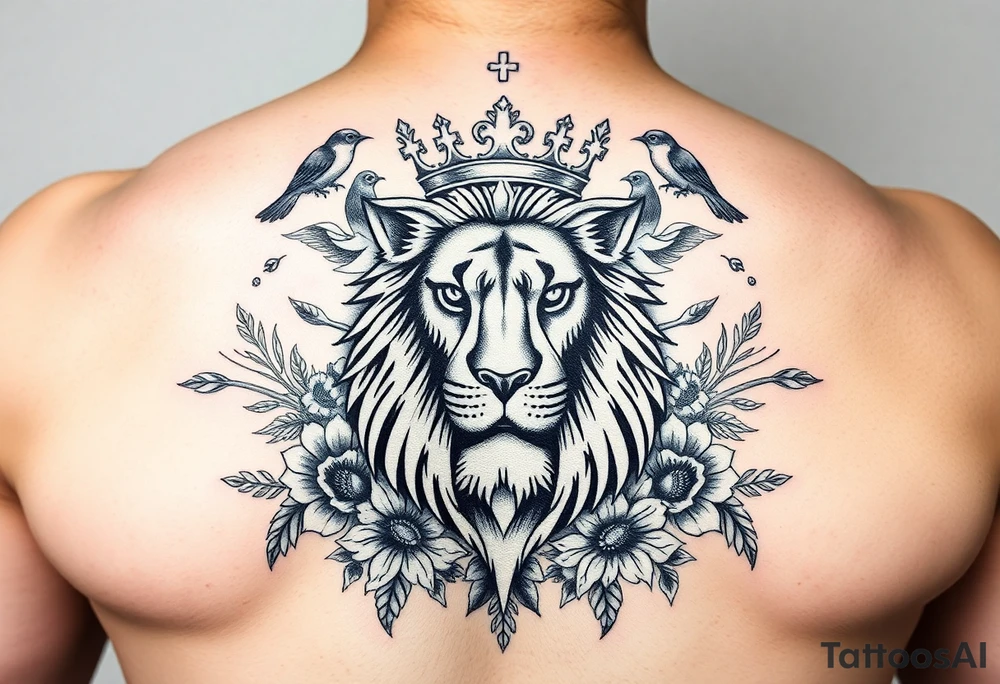 powerful majestic lion with a crown, surrounded by floral ornaments and birds tattoo idea