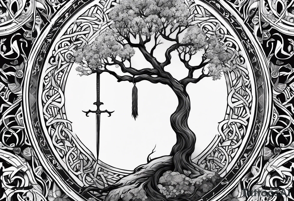 Yggdrasil and a long sword underneath surrounded by Nordic runes tattoo idea
