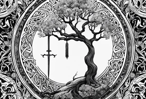 Yggdrasil and a long sword underneath surrounded by Nordic runes tattoo idea