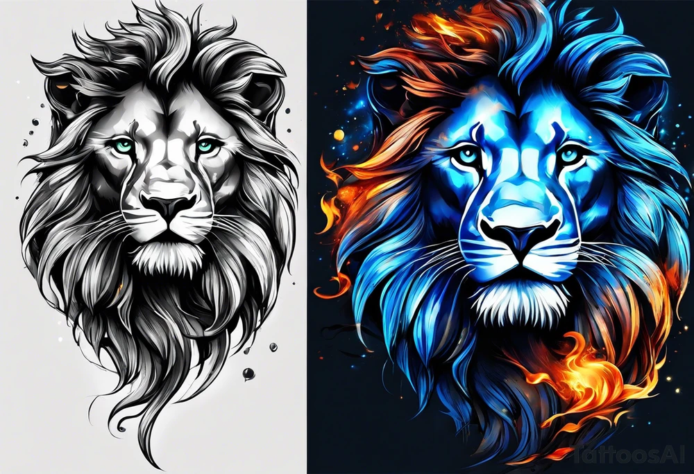 I Want zodiac leo/lion for upper arm and bicep. With blue and fire in it. I want the lion to be eating all its strengths and weaknesses labeled in black color tattoo idea