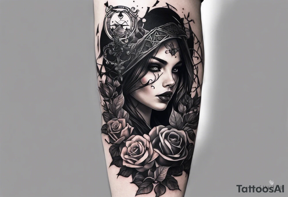 A sleeve tattoo whose elements seem to be connected into one story. Elements on the tattoo: a skull with a rose sticking out of the eye, plants, a girl’s face turning into roots, a destroyed old chain, a broken sword, a butterfly and you can add some connecting elements tattoo idea
