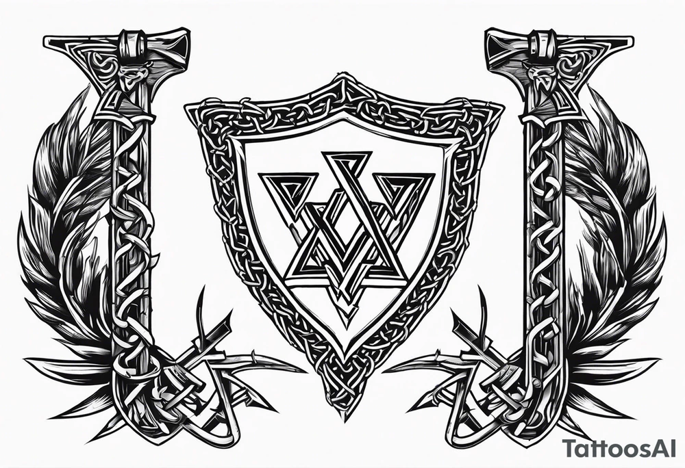Valhalla sword shield axe barbed wire chains valknut tattoo idea