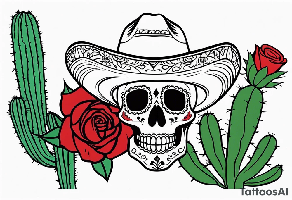 red rose wearing Mexican hat, cactus, without skull, day of dead tattoo idea