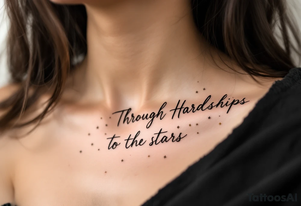 A minimal black line script of the english phrase “Through Hardships to the stars” is paired with tiny gold stars scattered along the collarbone. tattoo idea