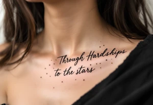 A minimal black line script of the english phrase “Through Hardships to the stars” is paired with tiny gold stars scattered along the collarbone. tattoo idea